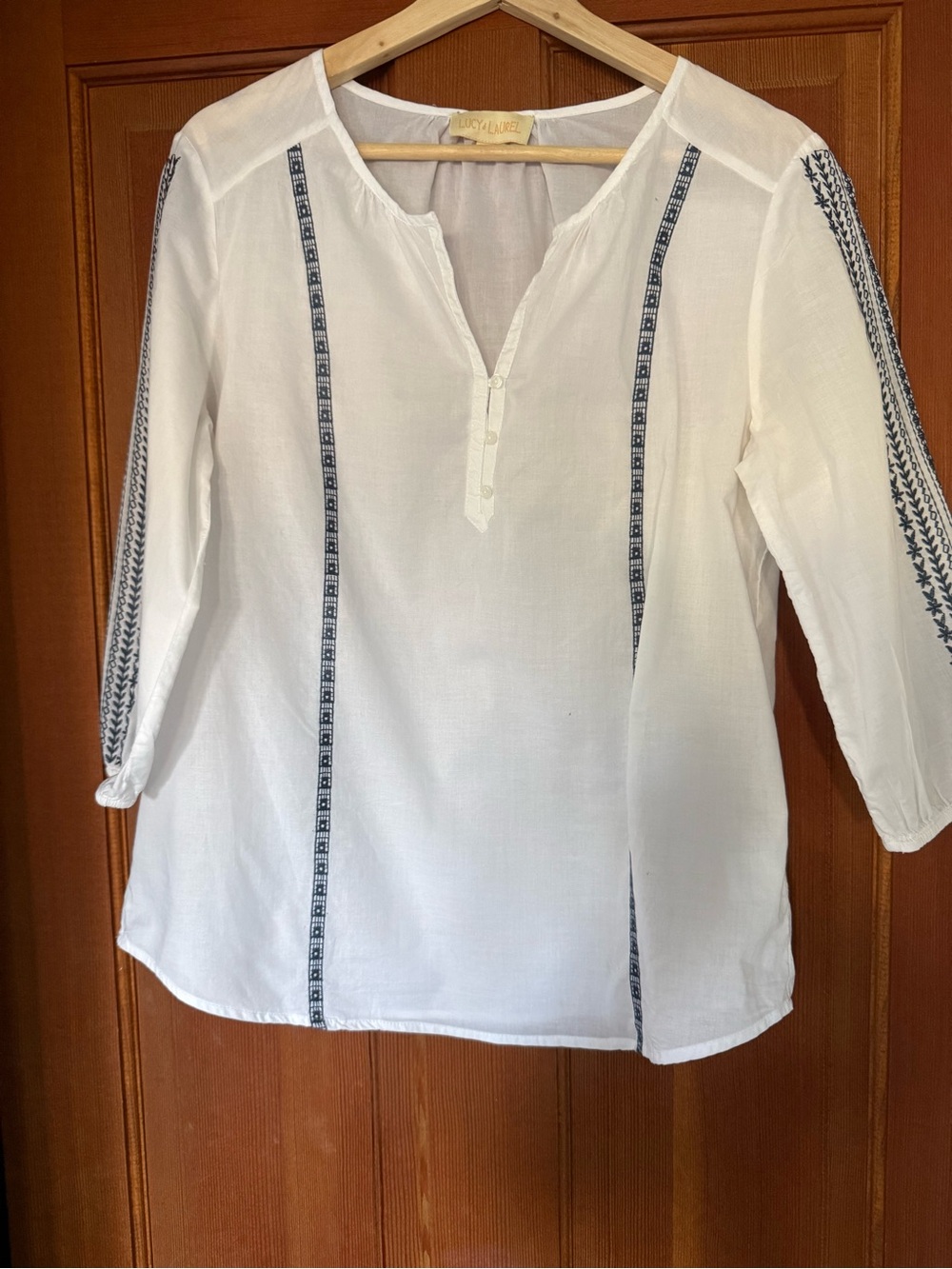 Lucy & Laurel White Tunic with Navy Embroidery